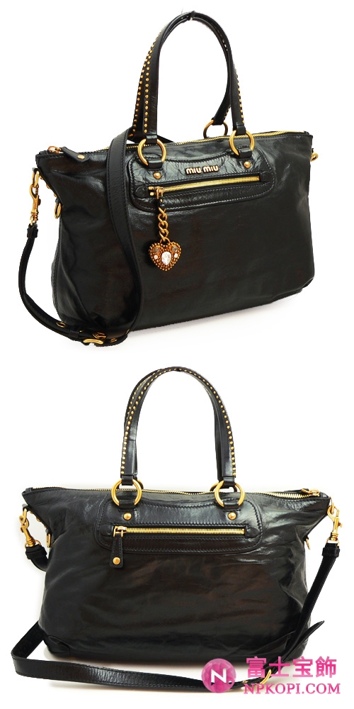 ミュウミュウ MIUMIU トートバッグ ショルダーバッグ 2WAY ハートチャーム付 スタッズ レザー ブラック（NERO） RR1732 VITELLO SHINE